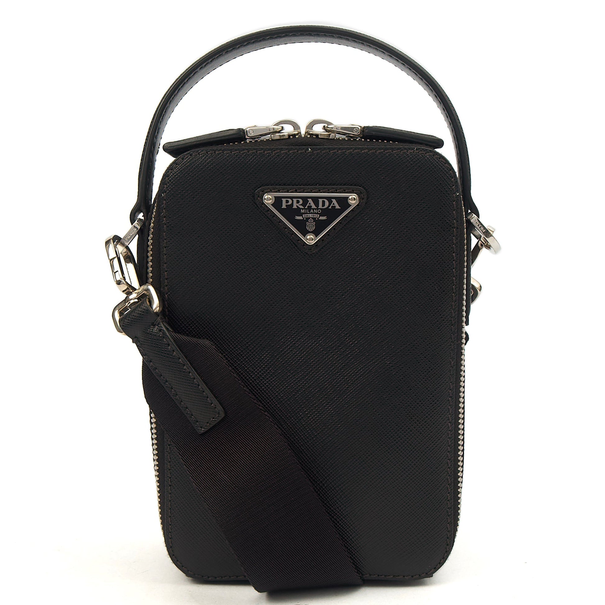 Prada Cross Body Brique - Small in Black, Saffiano Leather — Front View