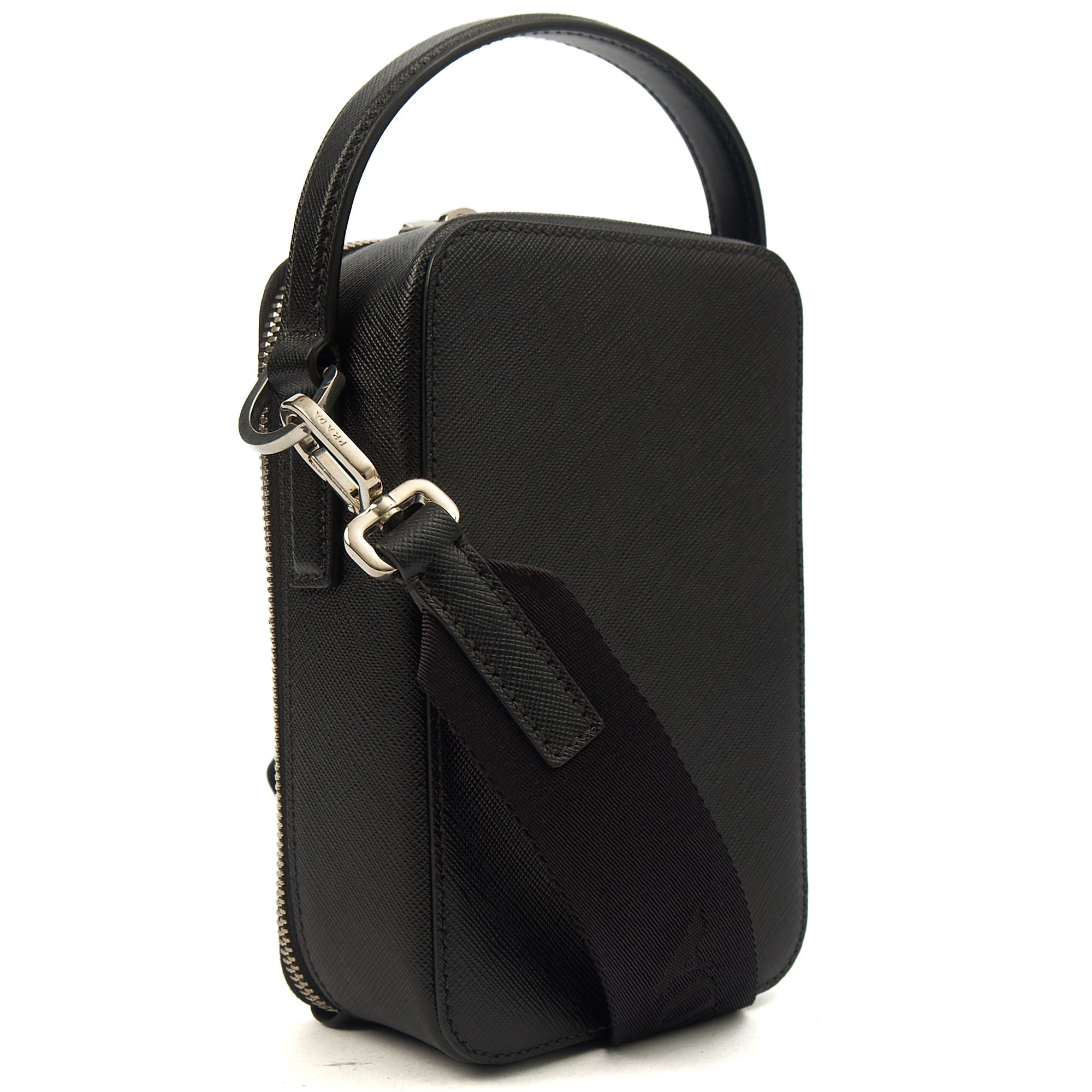 Prada Cross Body Brique - Small in Black, Saffiano Leather — Side View