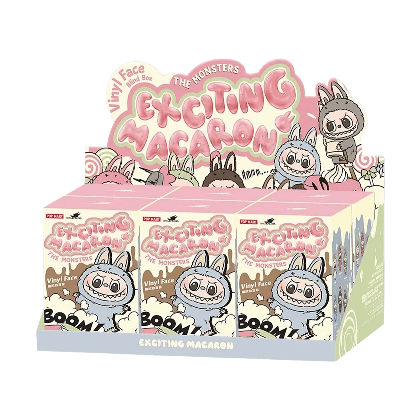 Pop Mart Labubu The Monsters Exciting Macarons Vinyl Face Sealed Case (6 Blind Boxes) — Front View