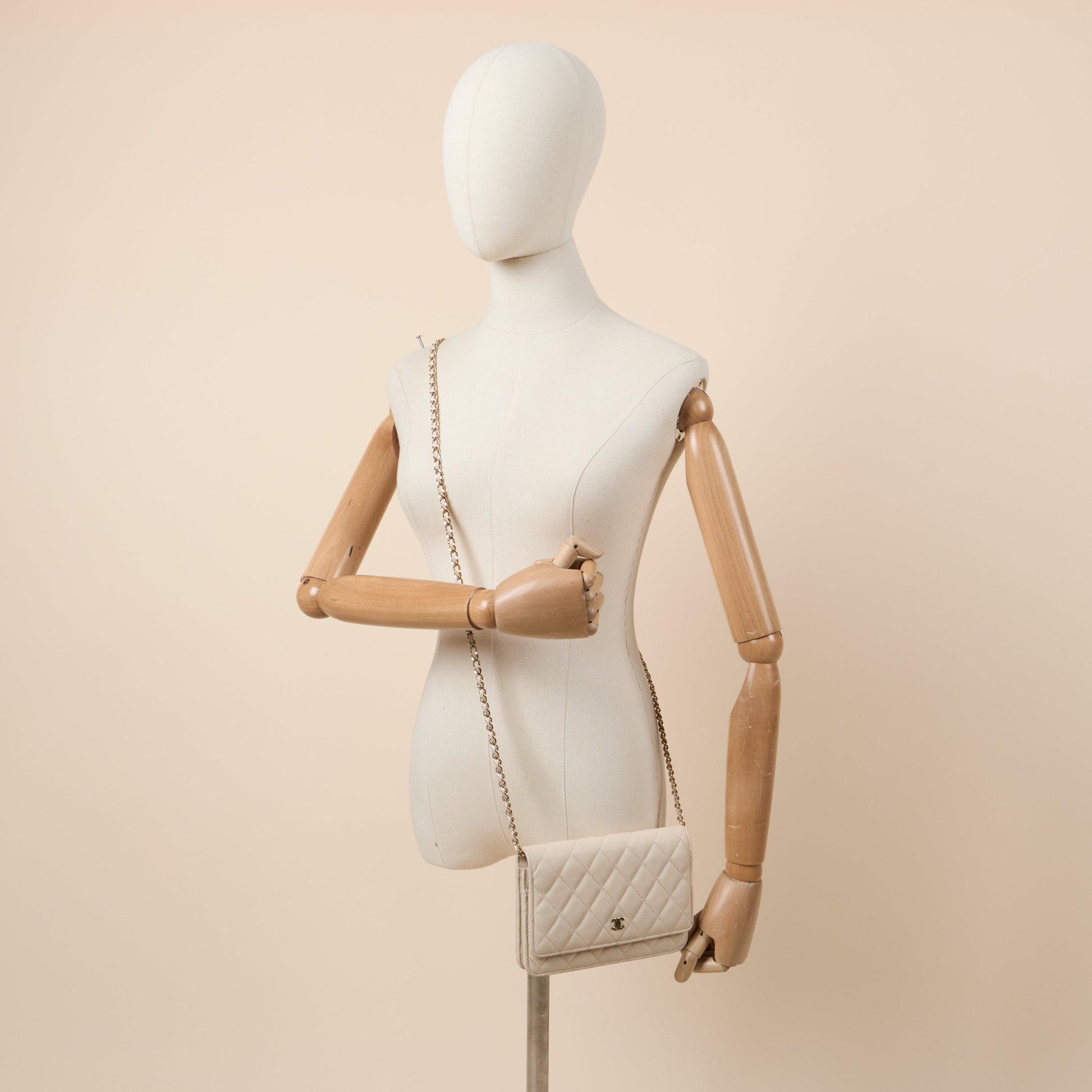 Chanel Cross Body Wallet on Chain in Neutral, Caviar Leather — Back View