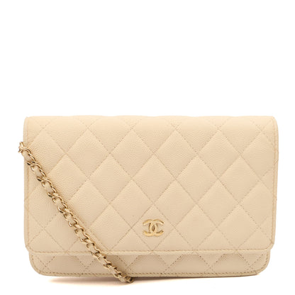 Chanel Cross Body Wallet on Chain in Neutral, Caviar Leather — Front View