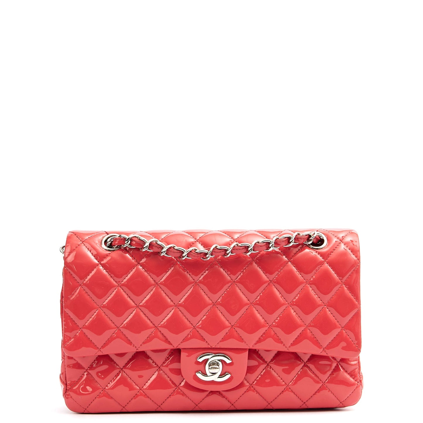 Chanel Shoulder Bag Classic Double Flap - Medium in Pink, Patent Leather — Front View