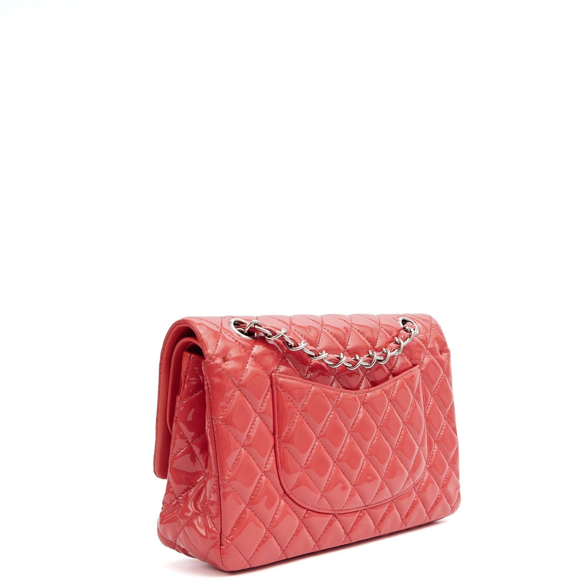 Chanel Shoulder Bag Classic Double Flap - Medium in Pink, Patent Leather — Side View