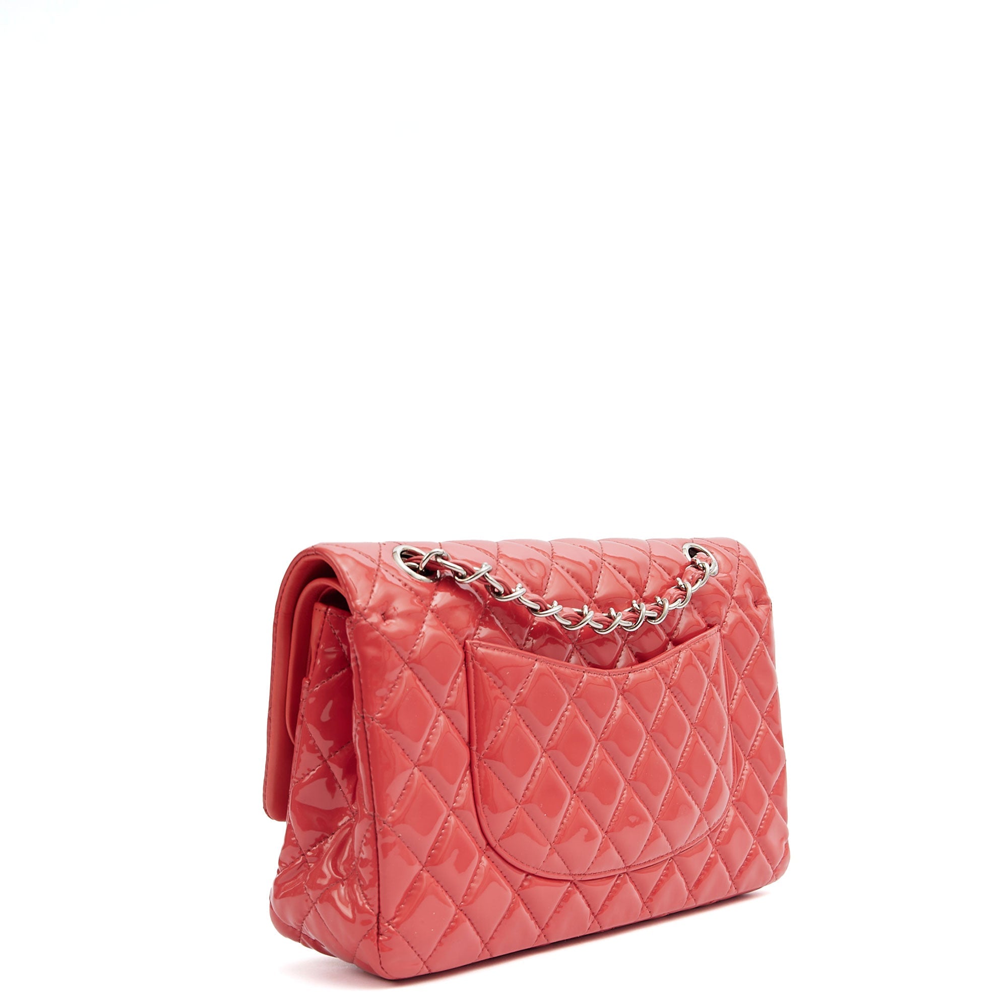 Chanel Shoulder Bag Classic Double Flap - Medium in Pink, Patent Leather — Side View