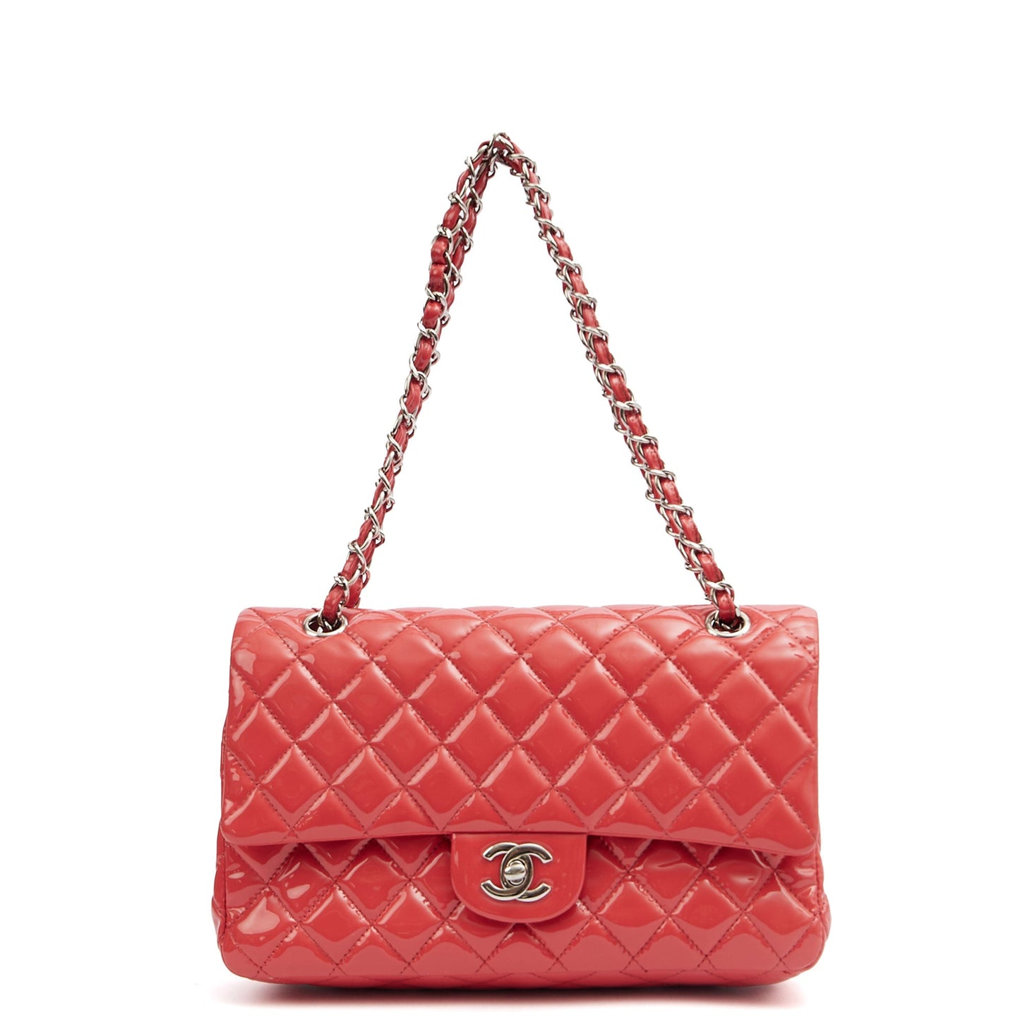 Chanel Shoulder Bag Classic Double Flap - Medium in Pink, Patent Leather — Lifestyle View
