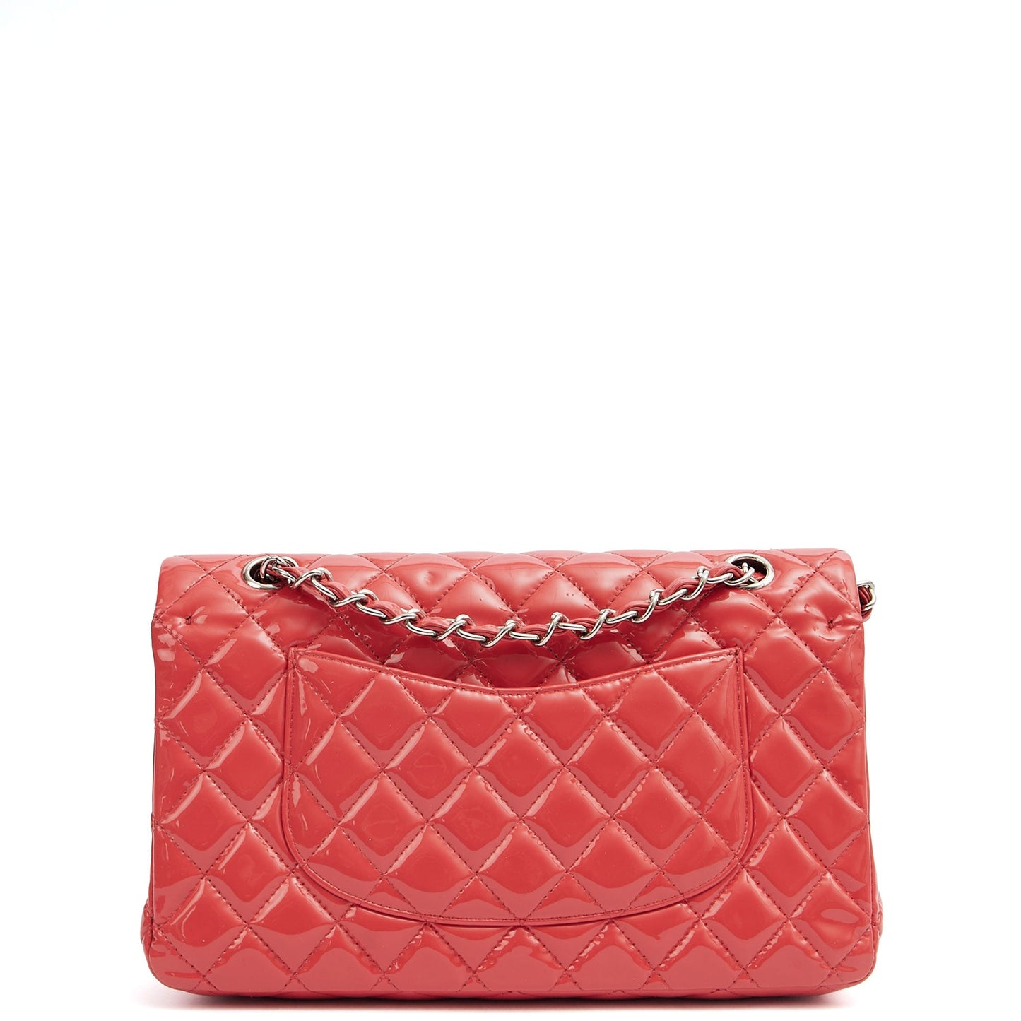 Chanel Shoulder Bag Classic Double Flap - Medium in Pink, Patent Leather — Back View
