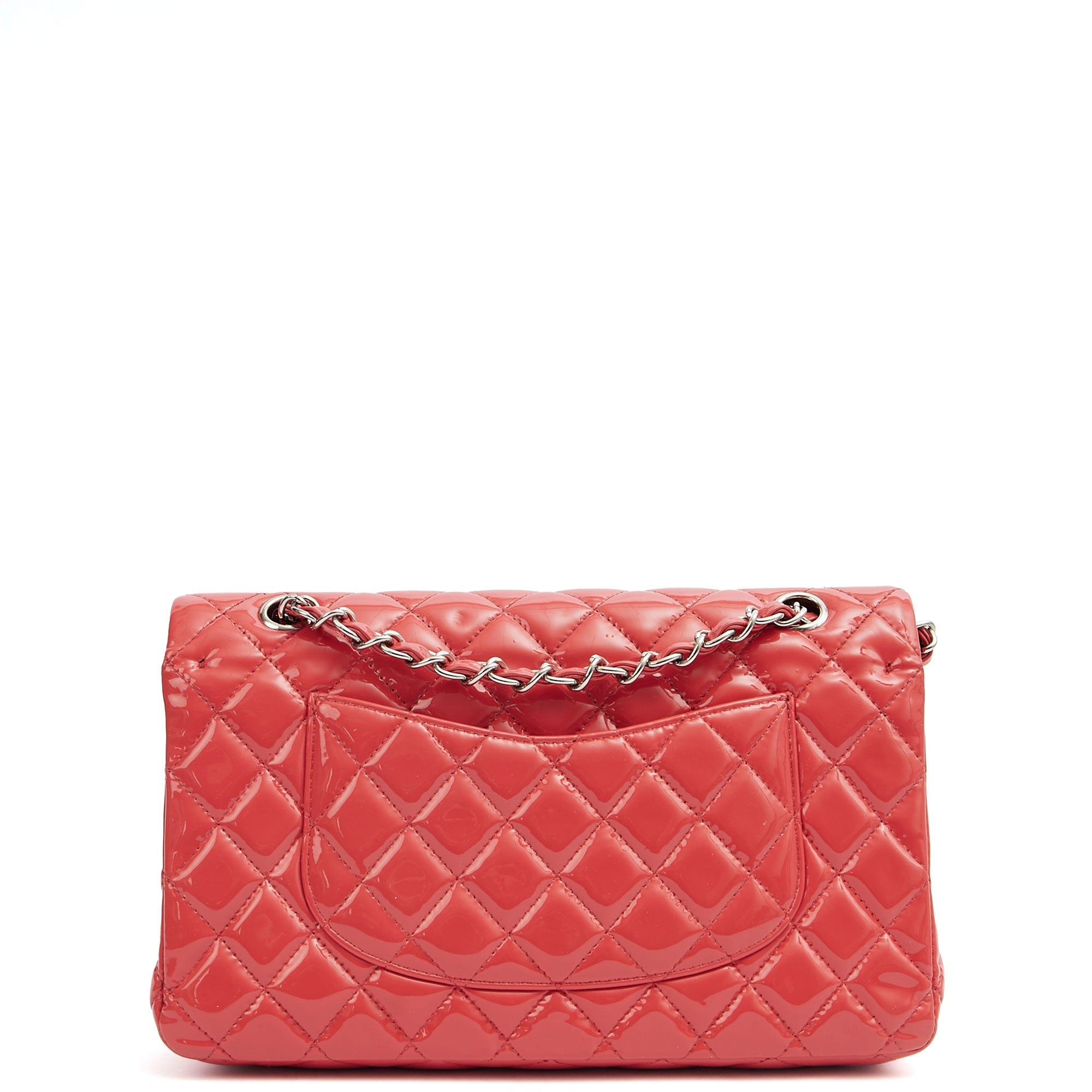 Chanel Shoulder Bag Classic Double Flap - Medium in Pink, Patent Leather — Back View