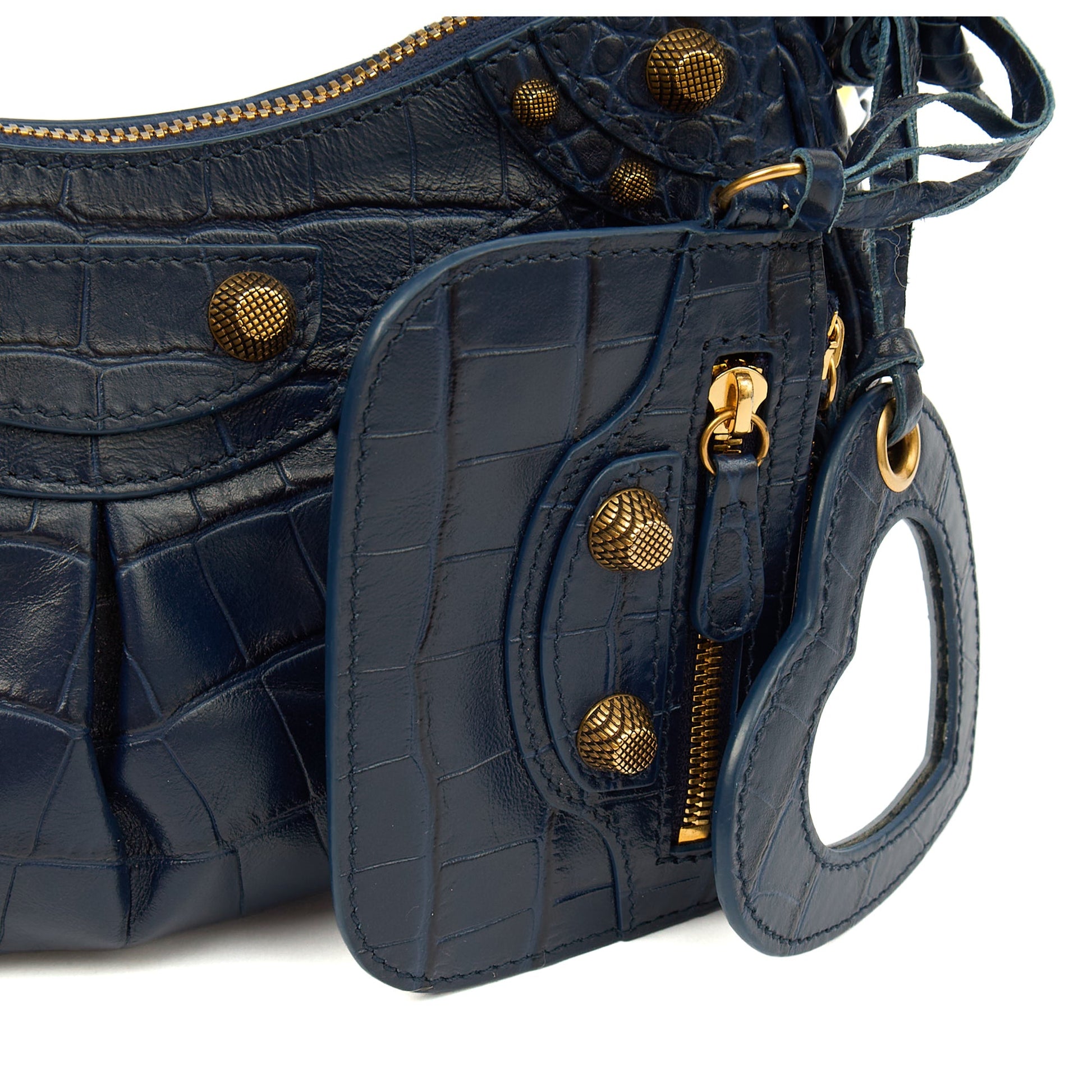 Balenciaga Shoulder Bag Le Cagole XS in Navy, Exotic Effect Leather — Lifestyle View