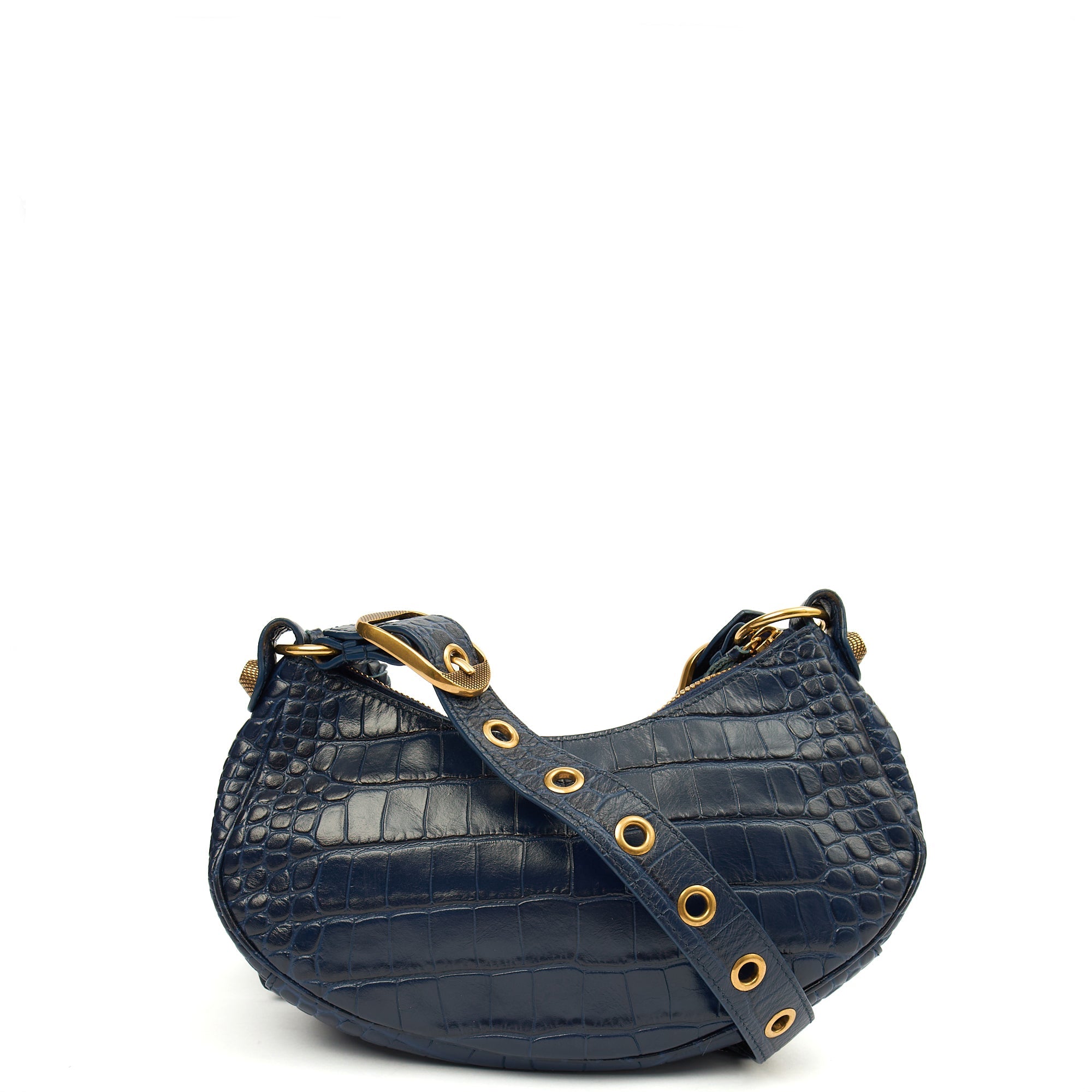 Balenciaga Shoulder Bag Le Cagole XS in Navy, Exotic Effect Leather — Back View