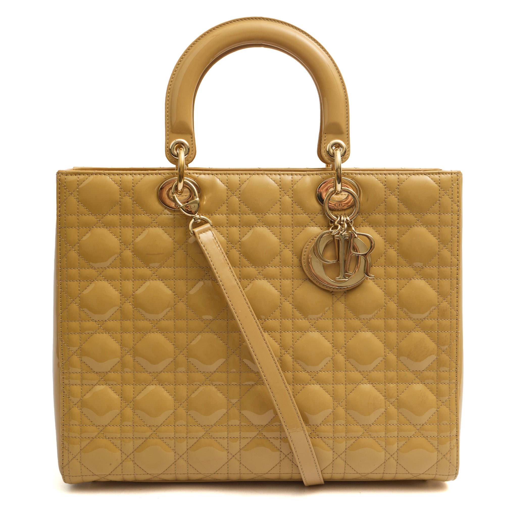 Christian Dior Tote Lady Dior - Large in Neutral, Patent Leather — Front View