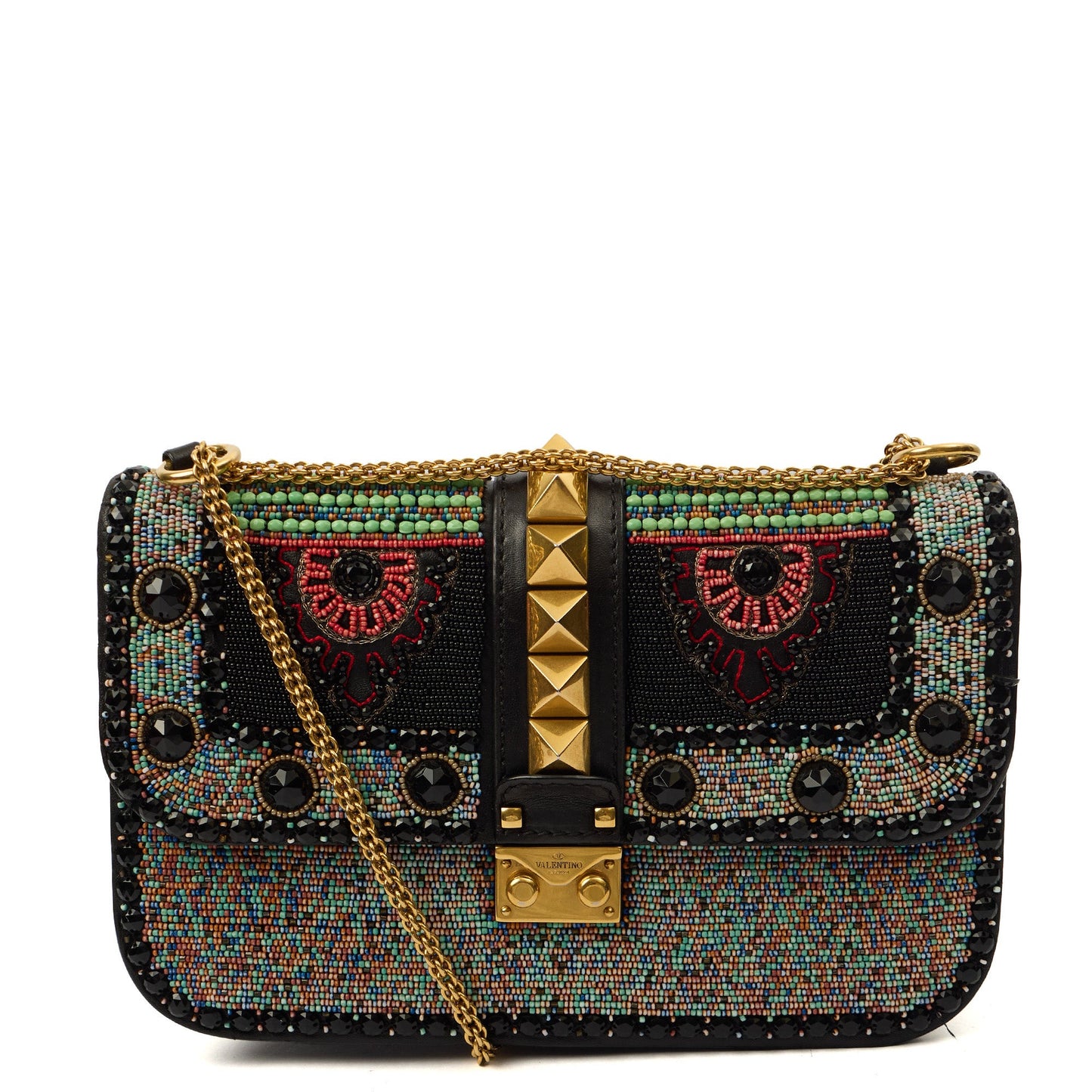 Valentino Shoulder Bag Glam Lock - Medium in Black, Calfskin — Front View