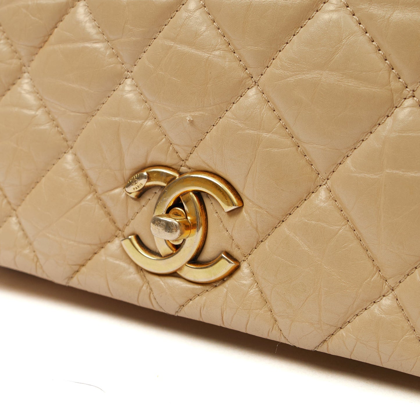 Chanel Shoulder Bag Chain Flap Bag in Neutral, Calfskin Leather — Detail View