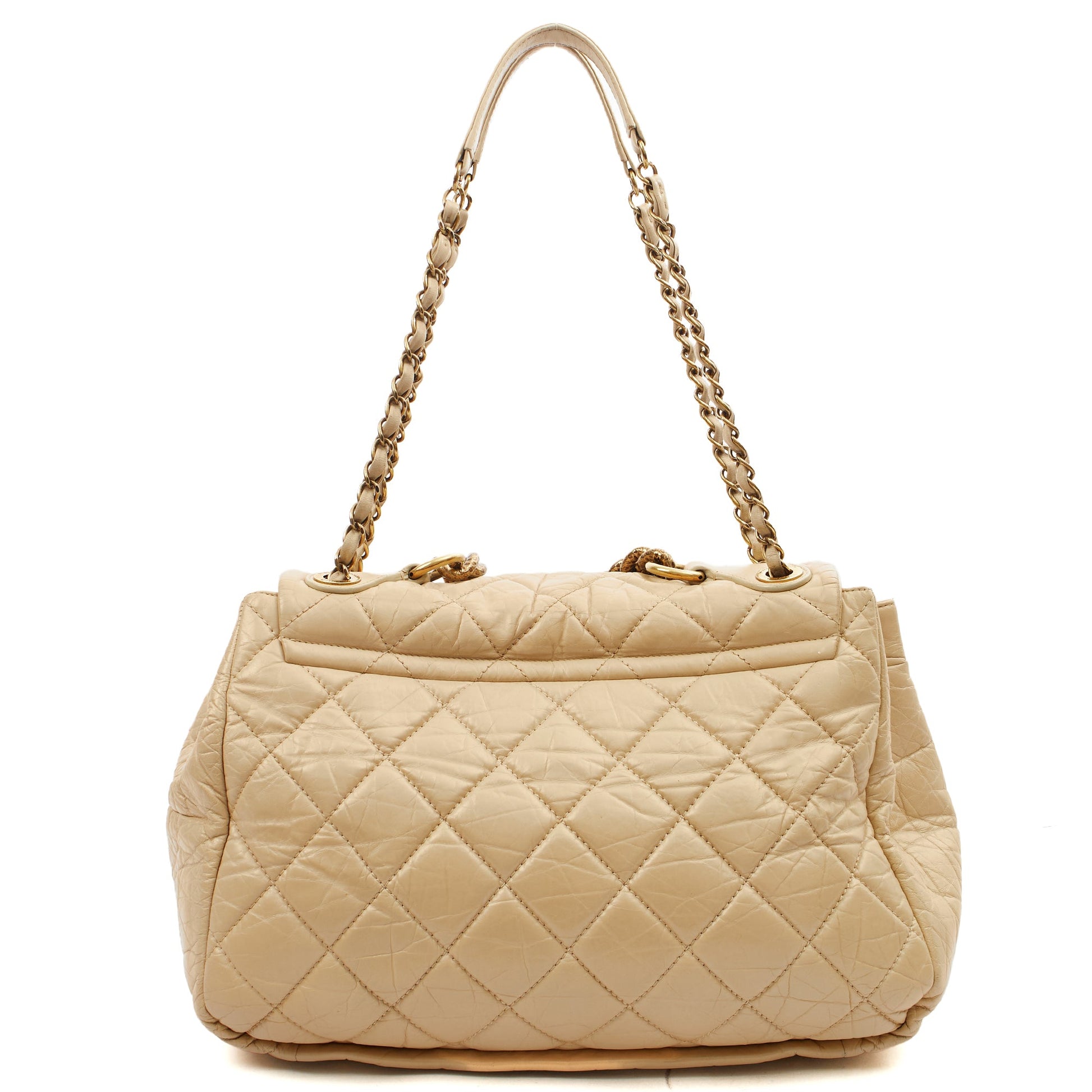 Chanel Shoulder Bag Chain Flap Bag in Neutral, Calfskin Leather — Back View