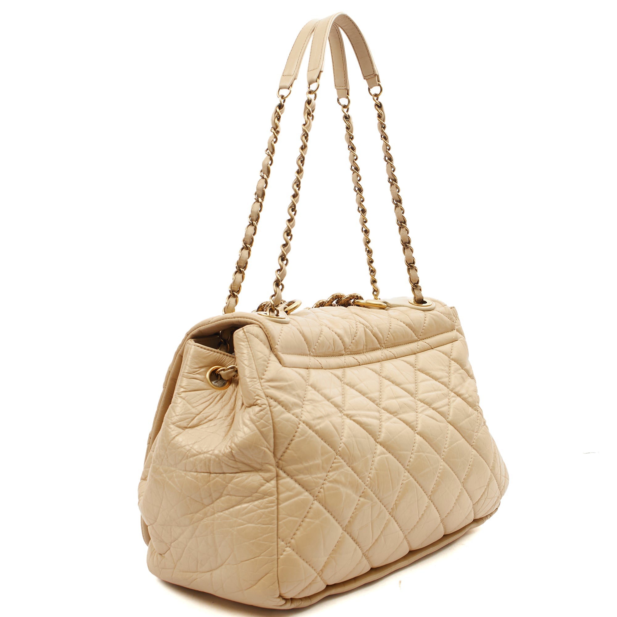 Chanel Shoulder Bag Chain Flap Bag in Neutral, Calfskin Leather — Side View