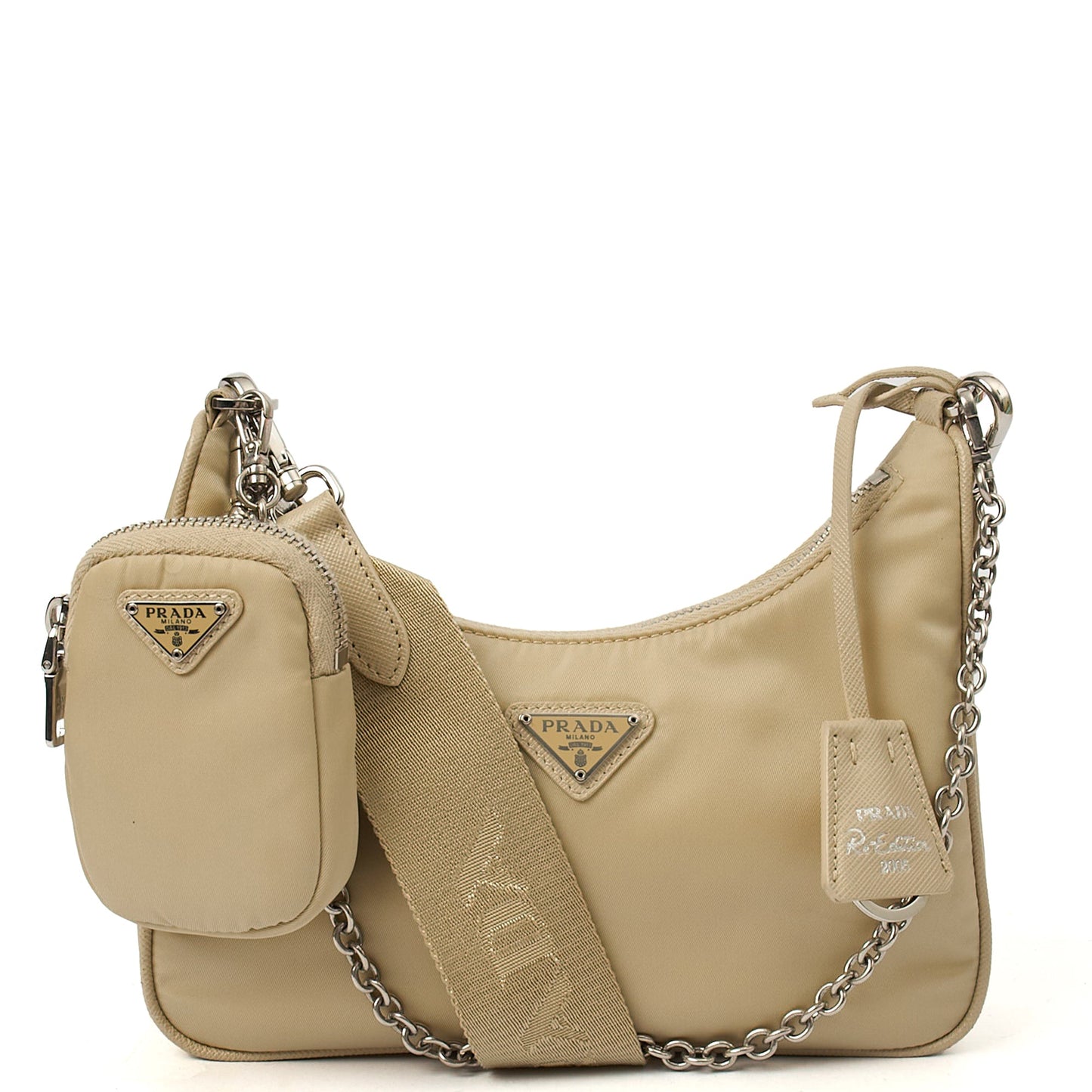 Prada Cross Body Re-Edition 2000 Shoulder Bag in Deserto, Nylon — Front View