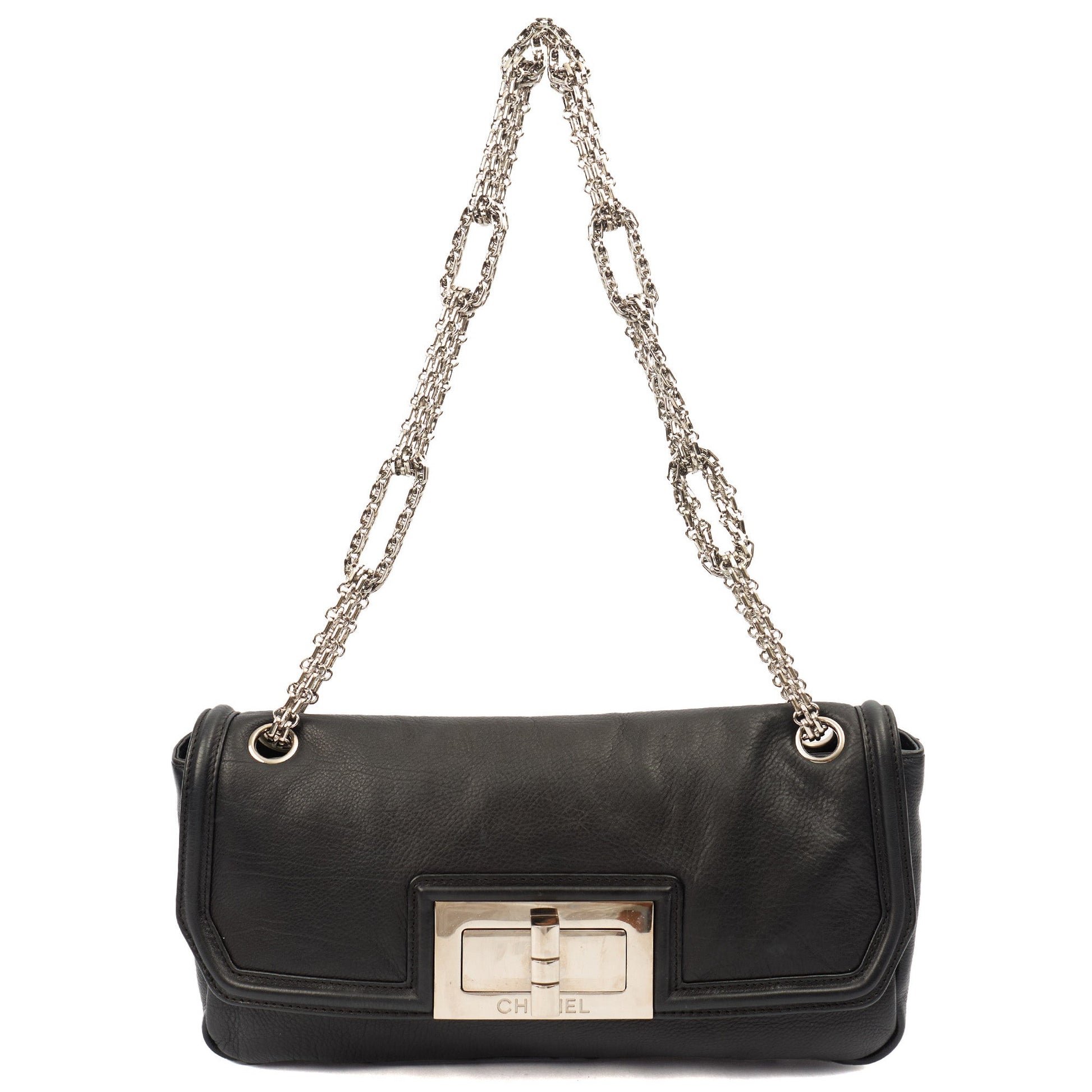 Chanel Shoulder Bag Accordian Flap Bag in Black, Leather — Front View