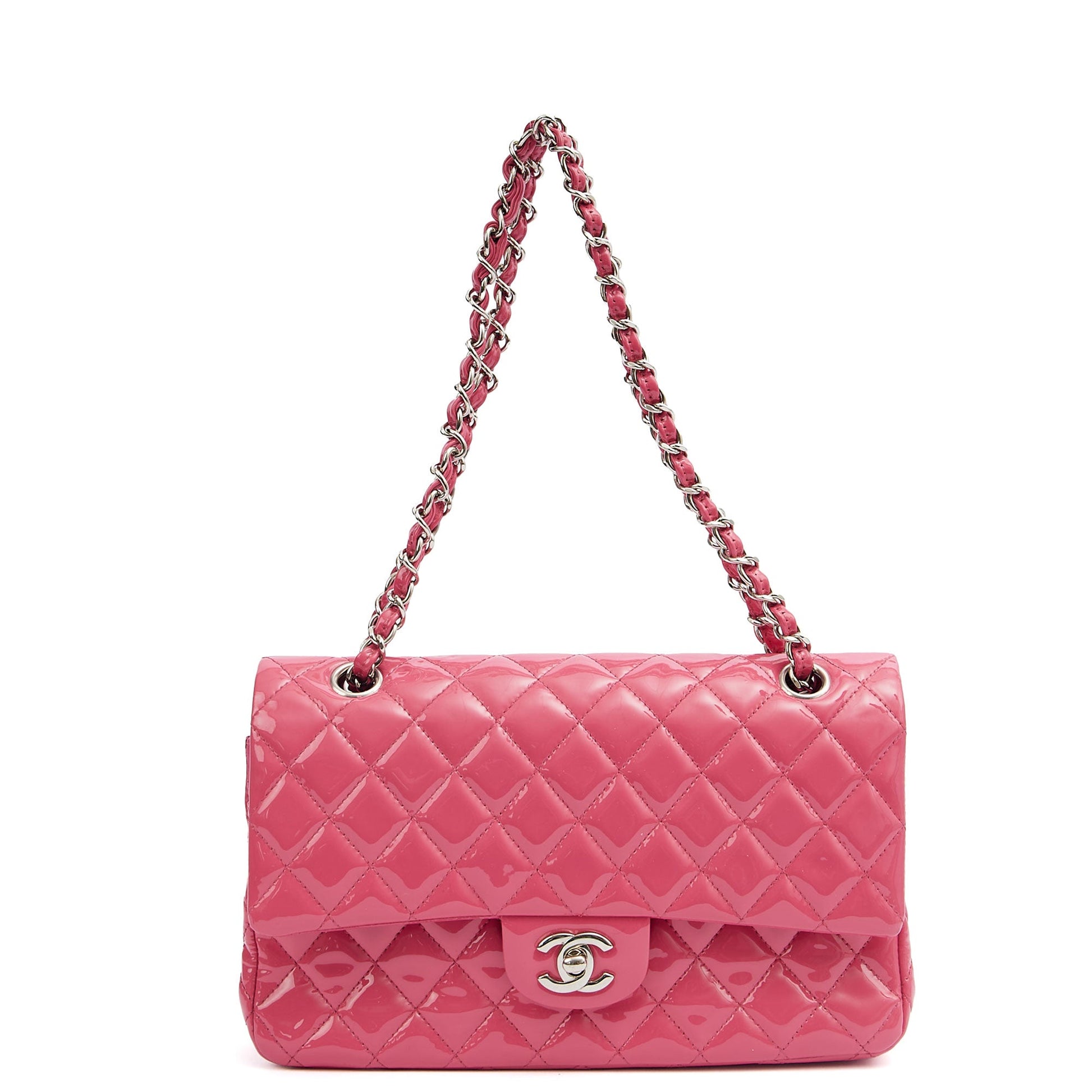 Chanel Shoulder Bag Classic Double Flap - Medium in Pink, Patent Leather — Lifestyle View