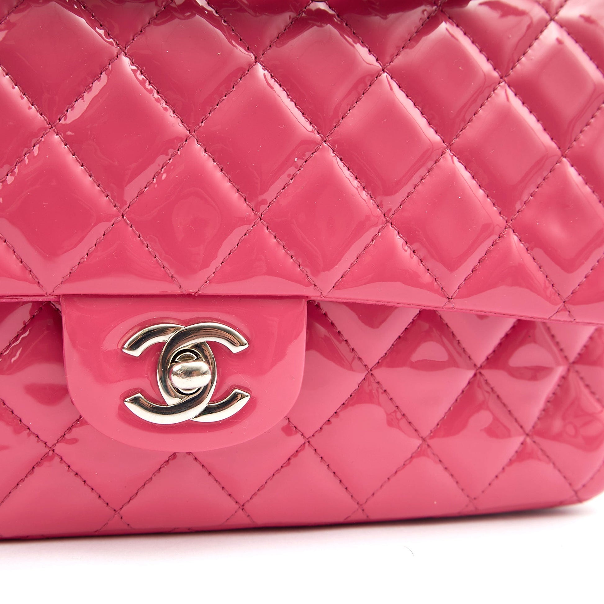 Chanel Shoulder Bag Classic Double Flap - Medium in Pink, Patent Leather — Detail View