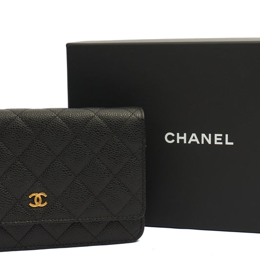 Chanel Cross Body Wallet on Chain in Black, Caviar Leather — Side View