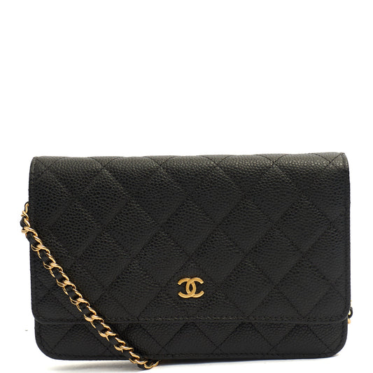 Chanel Cross Body Wallet on Chain in Black, Caviar Leather — Front View