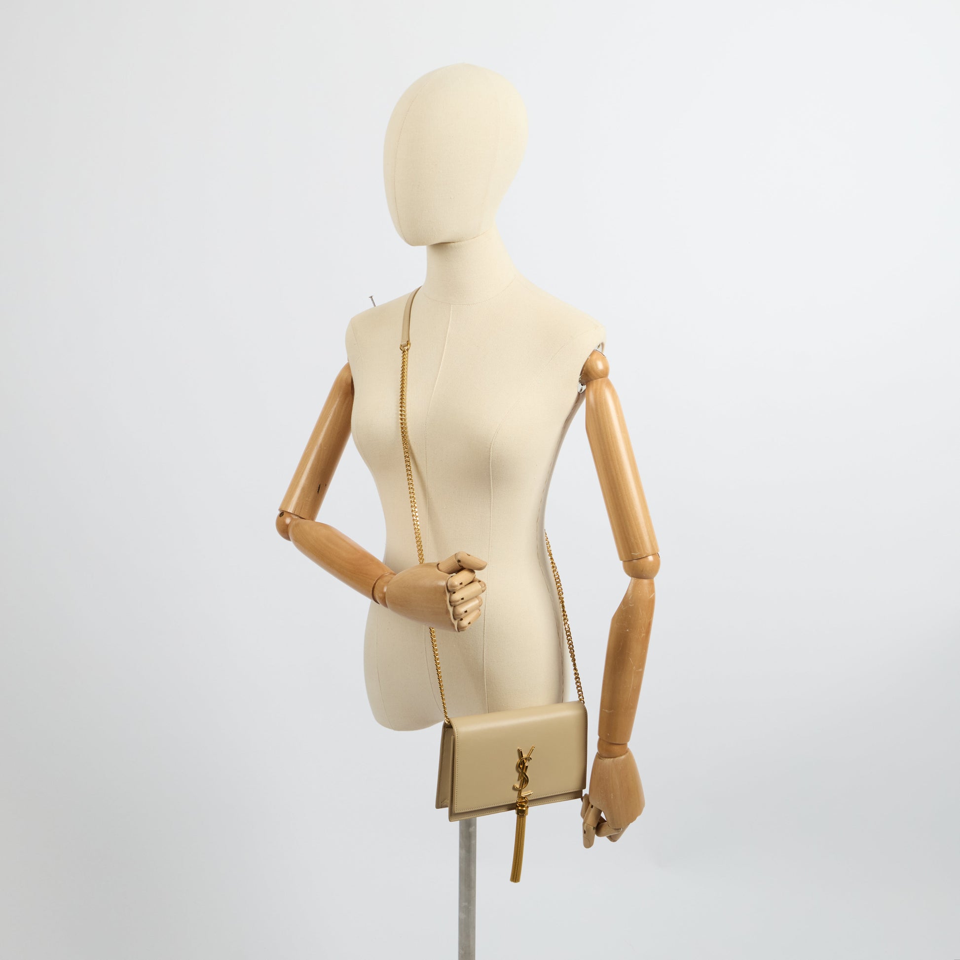 Saint Laurent Cross Body Kate Small Tassel in Neutral, Calfskin Leather — Lifestyle View