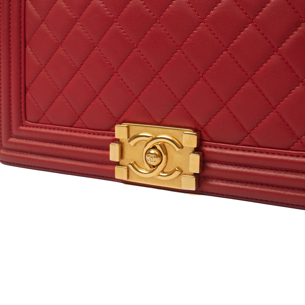 Chanel Shoulder Bag Boy - Medium in Red, Lambskin Leather — Lifestyle View