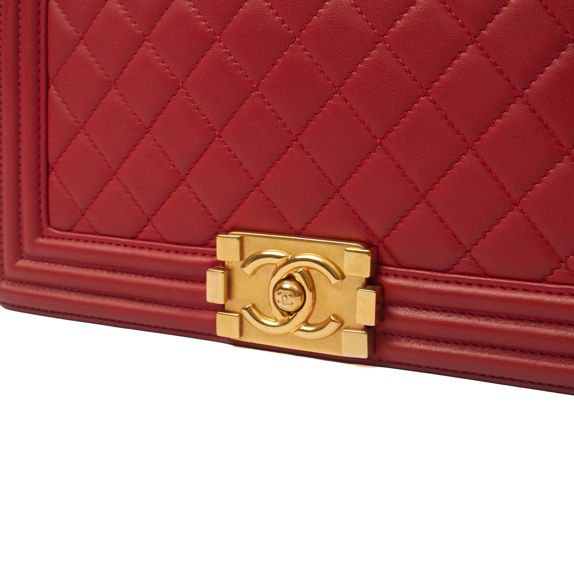 Chanel Shoulder Bag Boy - Medium in Red, Lambskin Leather — Lifestyle View