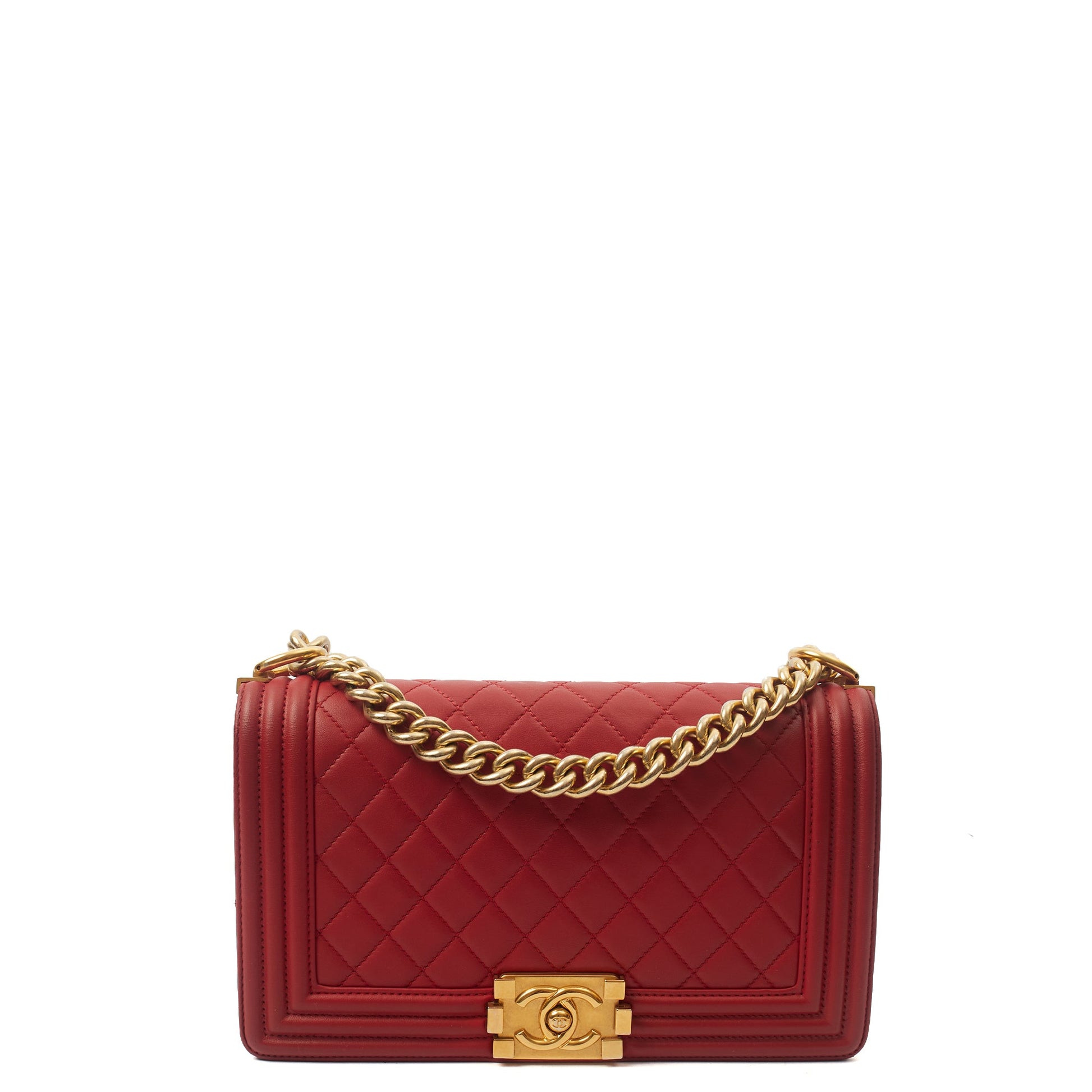 Chanel Shoulder Bag Boy - Medium in Red, Lambskin Leather — Front View