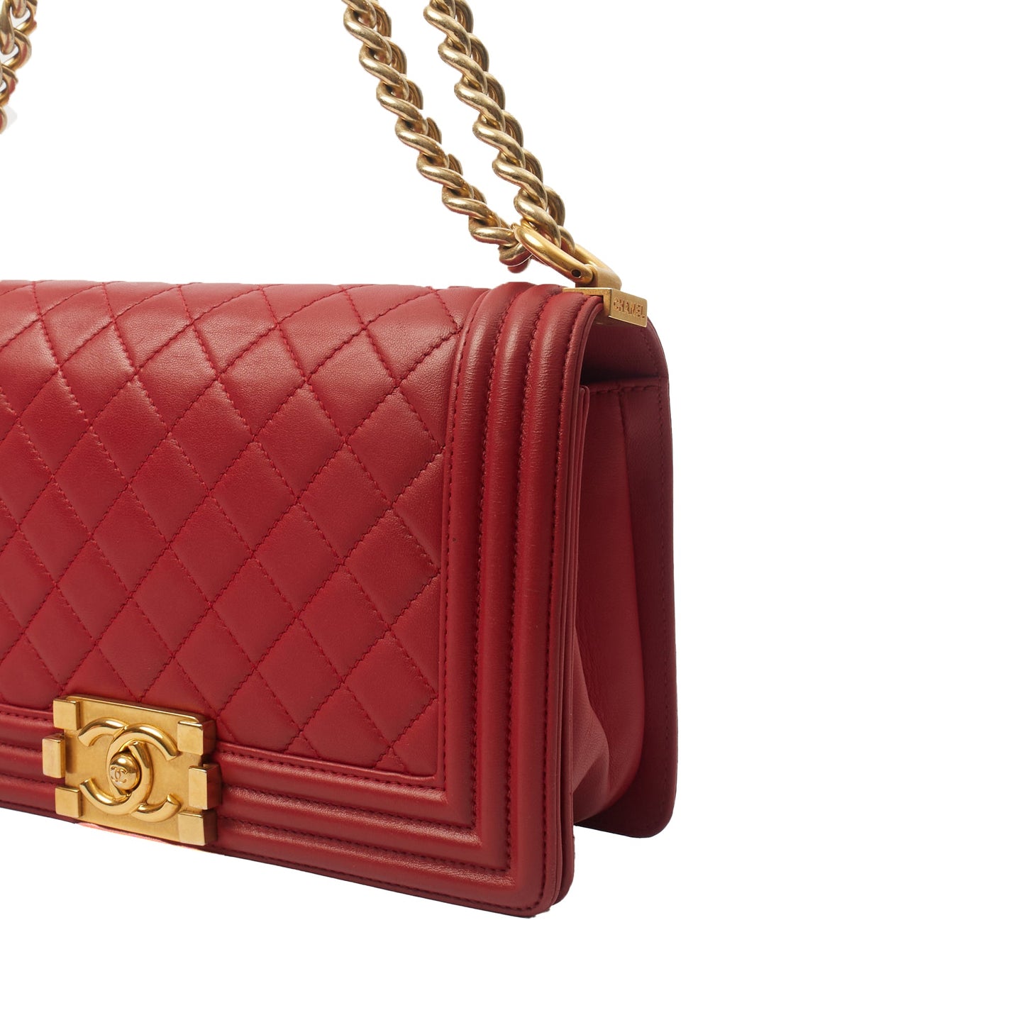 Chanel Shoulder Bag Boy - Medium in Red, Lambskin Leather — Detail View