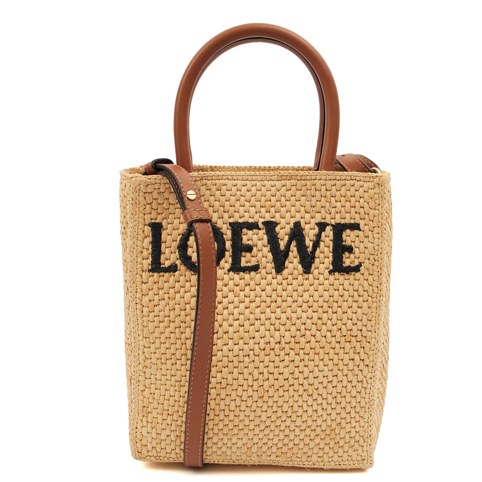 Loewe Cross Body Raffia Tote - Small in Brown, Leather — Front View