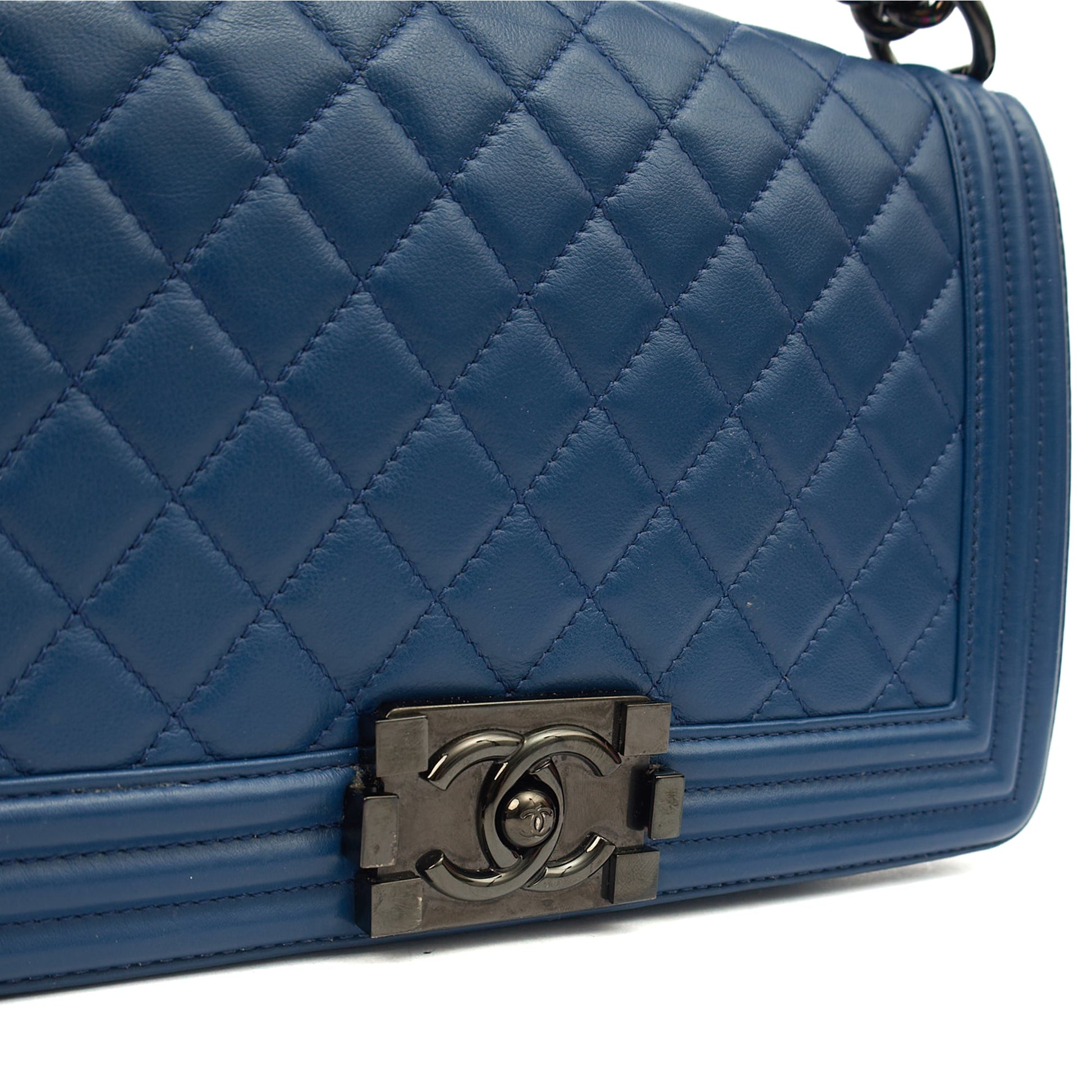 Chanel Shoulder Bag Boy - Medium in Blue, Leather — Lifestyle View