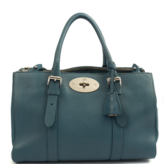 Mulberry Tote Bayswater Double Zip Tote - Small in Blue, Calfskin Leather — Front View