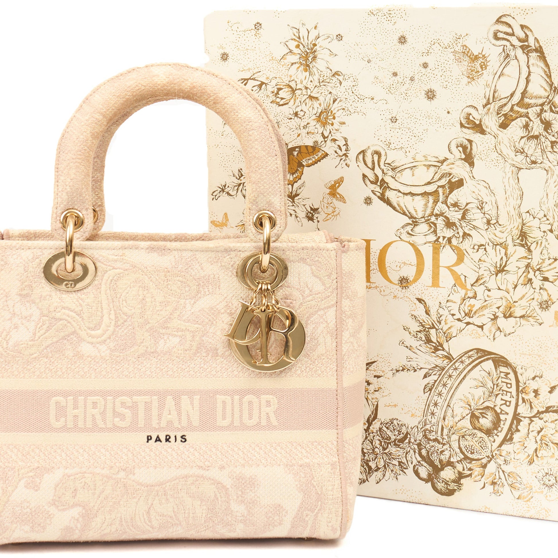 Christian Dior Tote Lady D-lite - Medium in Powder Pink, Dior Oblique Embroidery — Side View