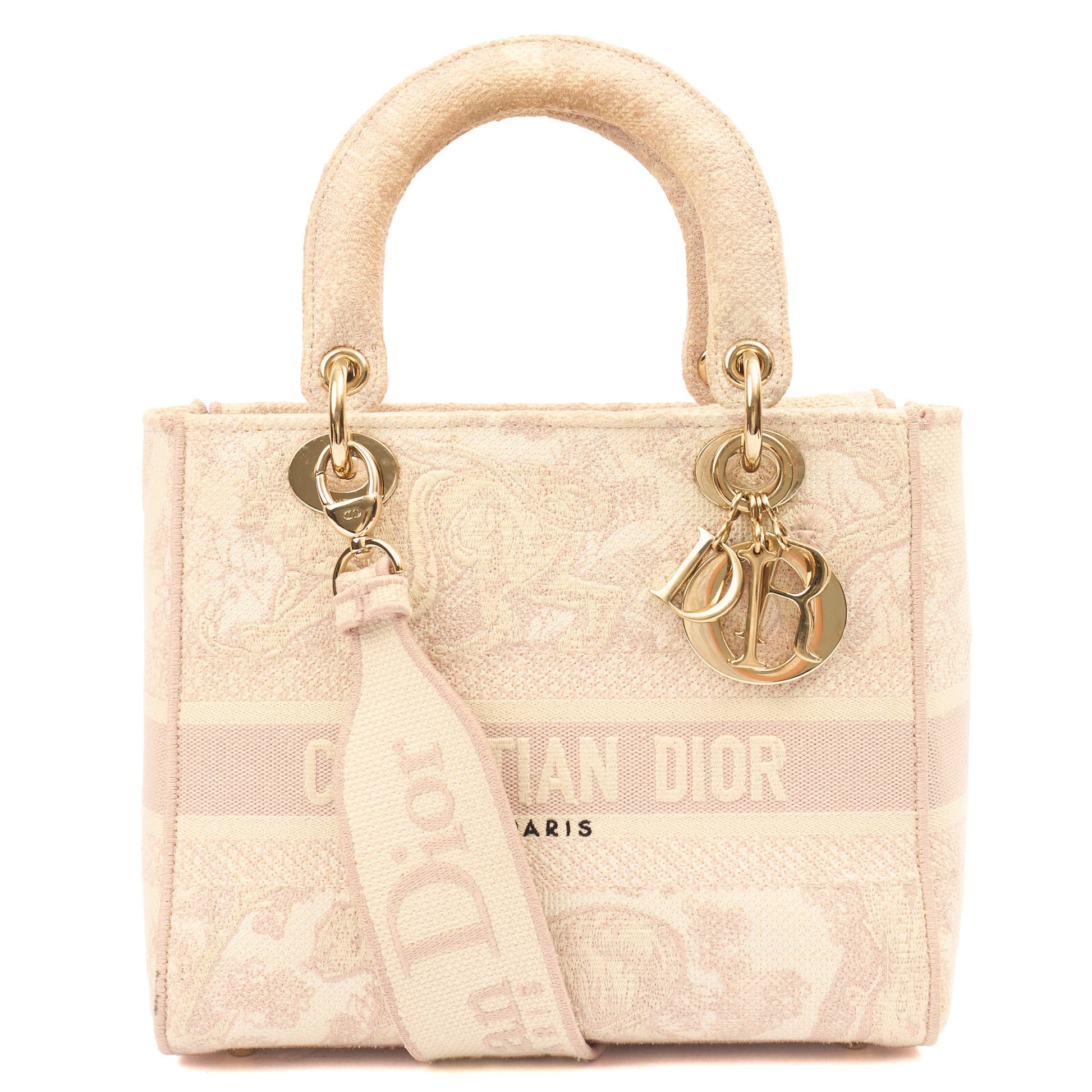 Christian Dior Tote Lady D-lite - Medium in Powder Pink, Dior Oblique Embroidery — Front View