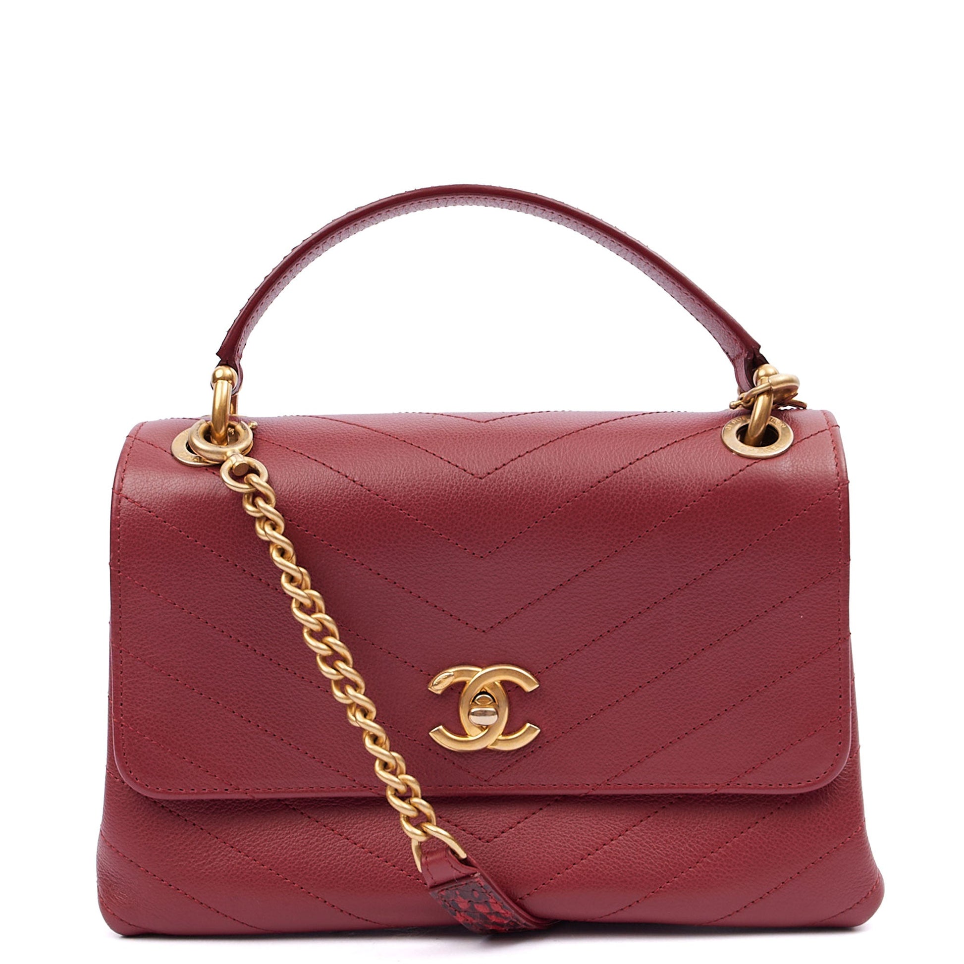 Chanel Top Handle Flap Bag With Top Handle in Red, Leather — Front View