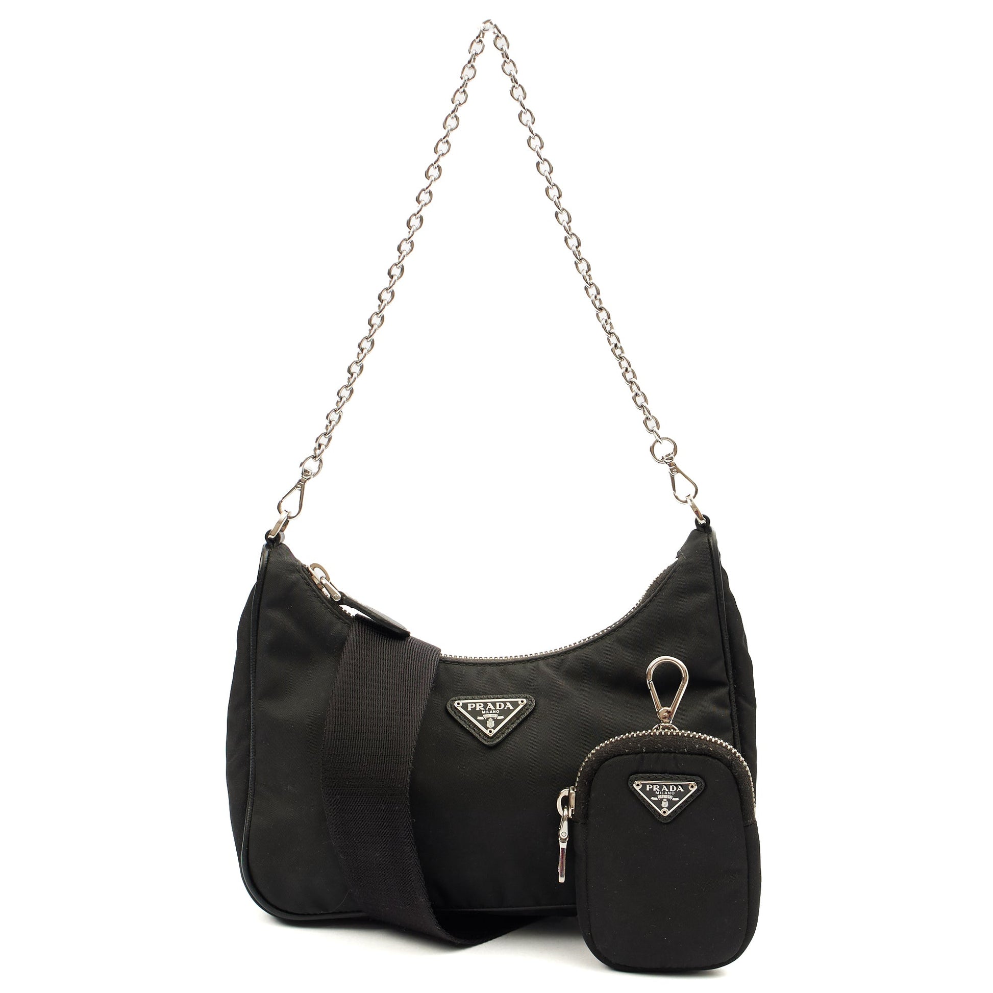 Prada Cross Body Re-Edition 2000 Shoulder Bag in Black, Fabric — Front View