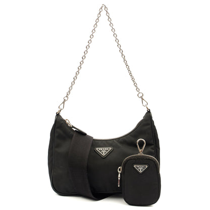Prada Cross Body Re-Edition 2000 Shoulder Bag in Black, Fabric — Front View