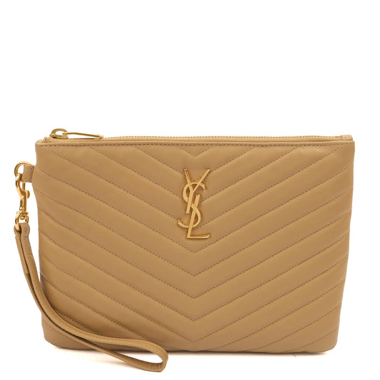 Saint Laurent Clutch Monogram Pouch A5 in Neutral, Leather — Front View
