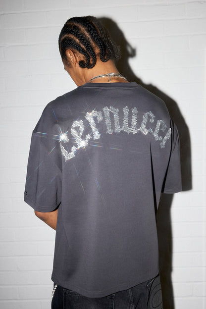 Cernucci Boxy Rhinestone Logo T-Shirt - Charcoal — S — Front View