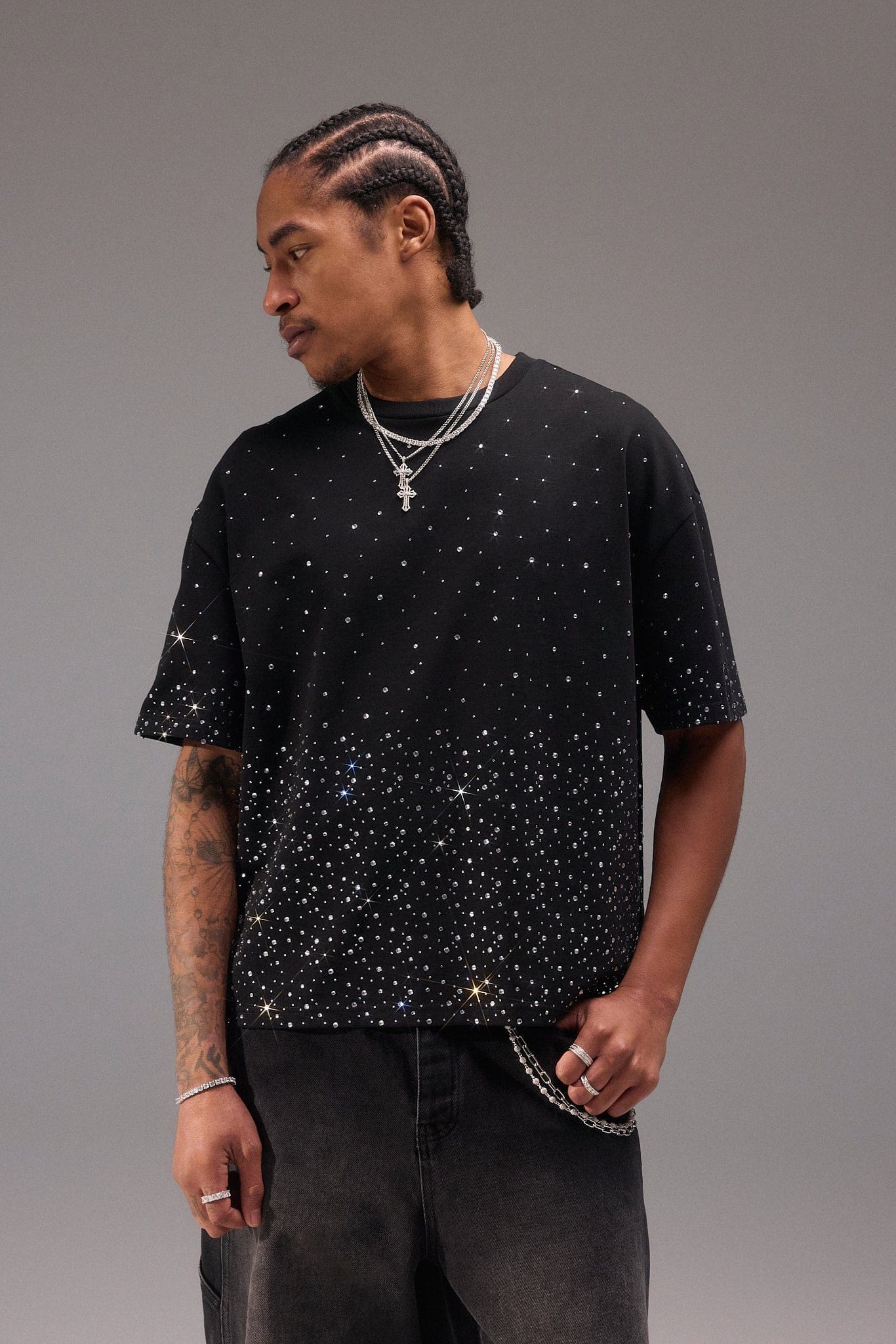 Cernucci Boxy Rhinestone T-Shirt - Black — S — Front View