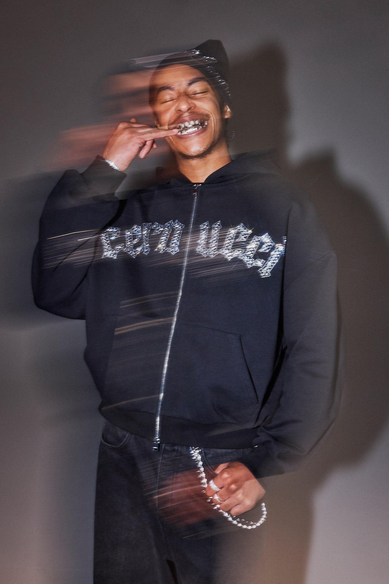 Cernucci Rhinestone Logo Zip Hoodie - Black — S — Side View