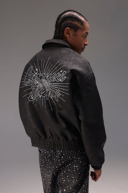 Cernucci Rhinestone Studios PU Bomber Jacket — S — Front View