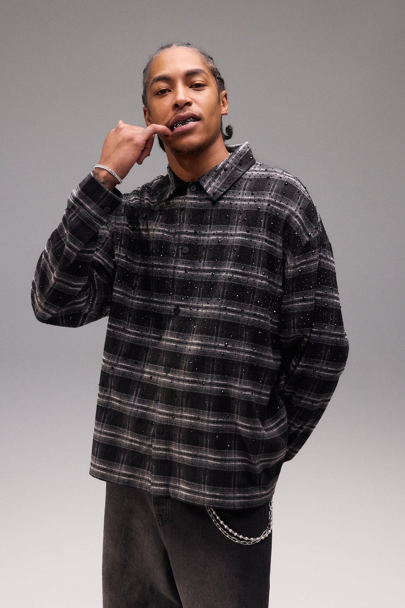 Cernucci Rhinestone Check Shirt - Black — S — Side View