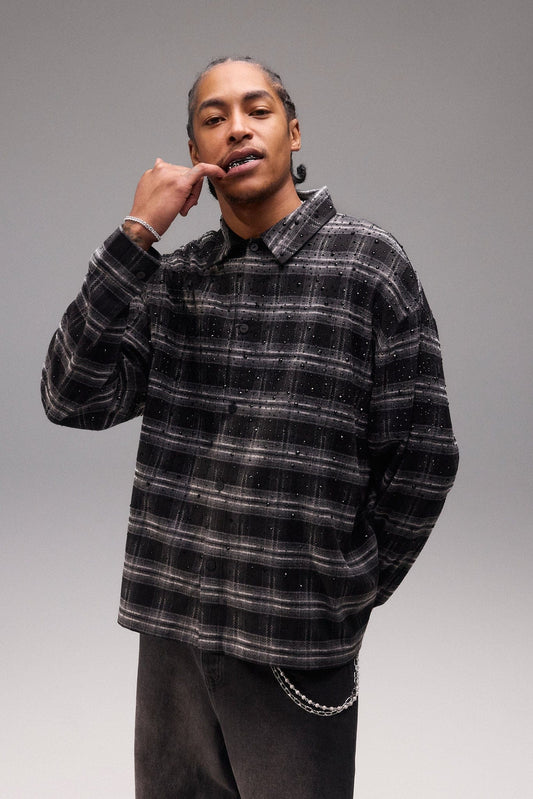 Cernucci Rhinestone Check Shirt - Black — S — Side View