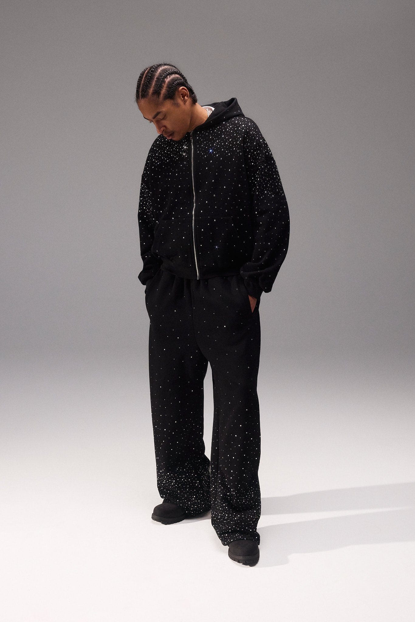 Cernucci Rhinestone Zip Through Tracksuit - Black — S — Size S — Front View