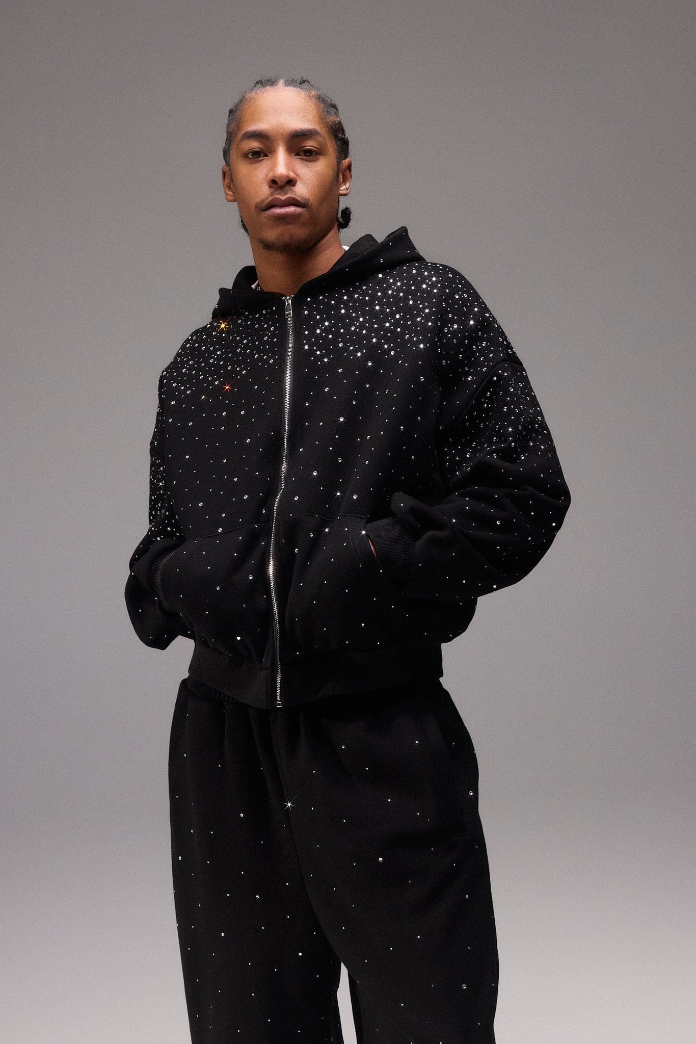 Cernucci Rhinestone Zip Through Hoodie - Black — S — Front View