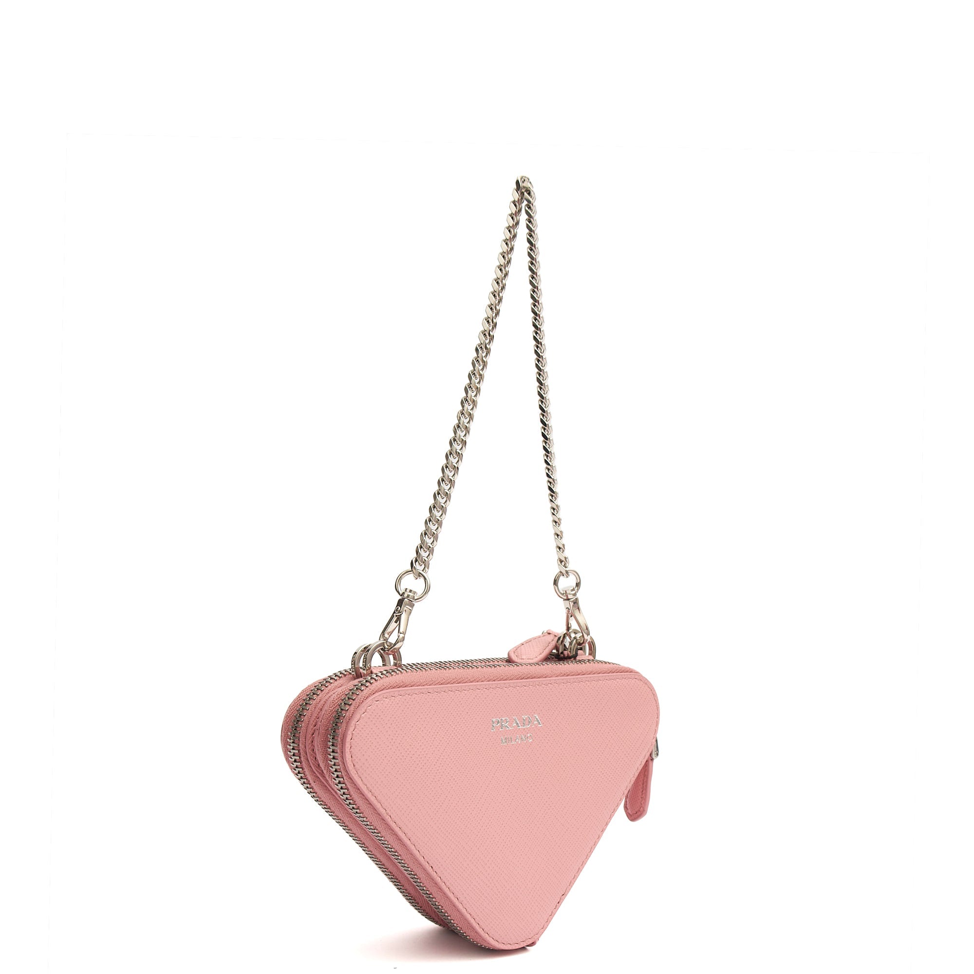 Prada Mini Bag Contenitori Mini Chain Wallet in Pink, Saffiano Leather — Side View
