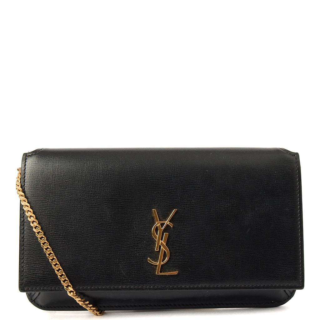Saint Laurent Cross Body Cassandre Phone Holder in Black, Calfskin Leather — Front View