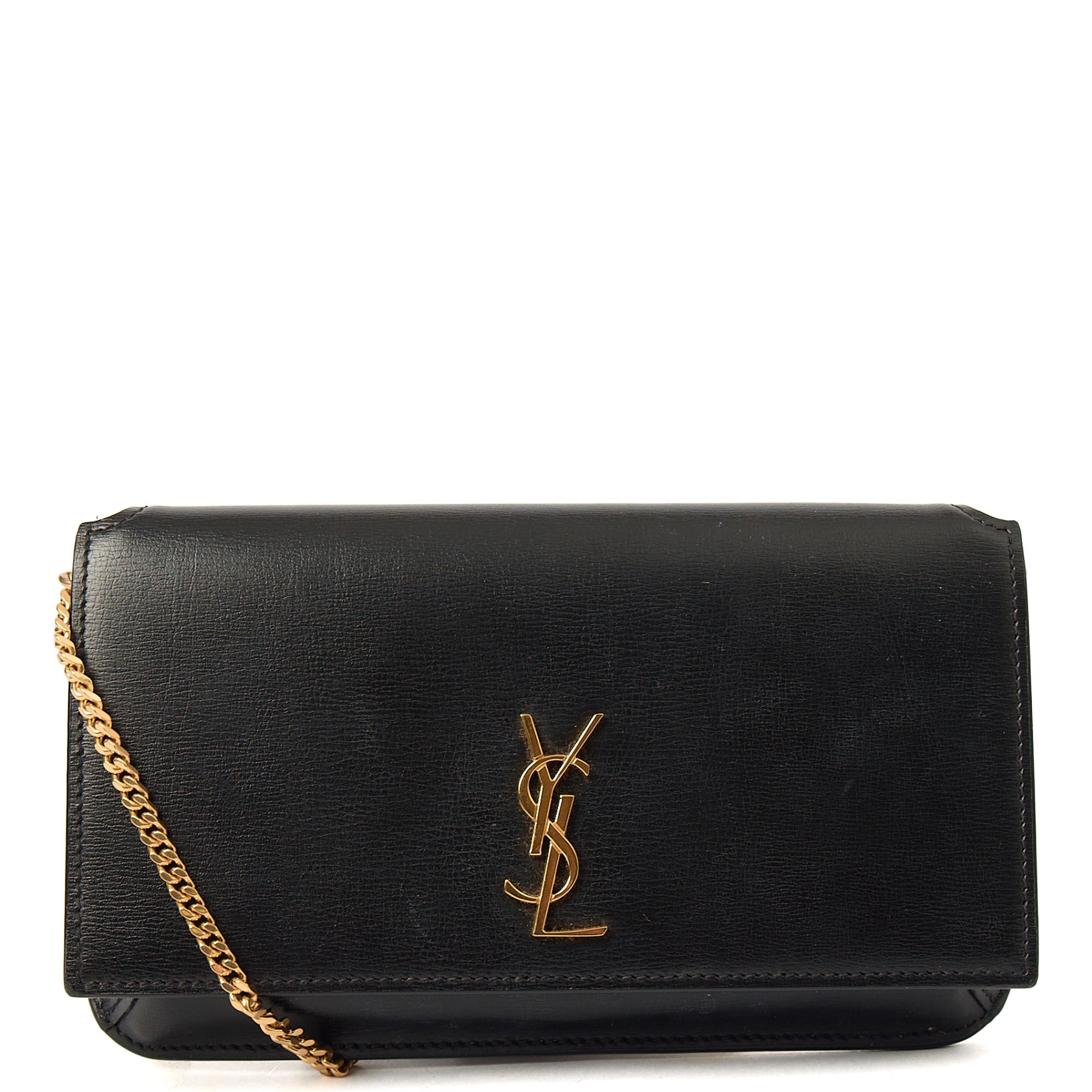 Saint Laurent Cross Body Cassandre Phone Holder in Black, Calfskin Leather — Front View