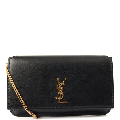 Saint Laurent Cross Body Cassandre Phone Holder in Black, Calfskin Leather — Front View